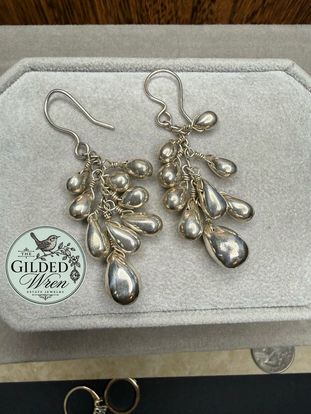 Sterling Silver Teardrop Cluster Dangle Earrings 2.8” 7.18g Chandelier Hooks